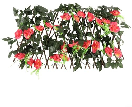 Expandablea Holzgitter mit Seidenblumen, Kletterranken, ausziehbarer Gartenzaun für Balkon, Hof, Wanddekoration (Dunkelrosa)