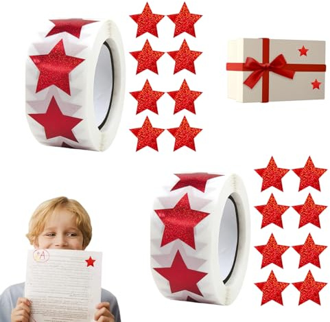 2 Rollen Sterne Aufkleber,Sticker Sterne Rot,Star Sticker Selbstklebende Rolle 2.5cm,Glänzende Etiketten Weihnachtsaufkleber,Stern Funkelnde Aufkleber für DIY Scrapbooking,Grußkarten,Geschenke,Basteln