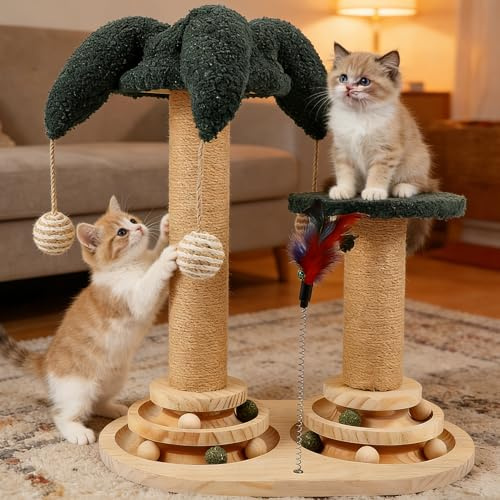 Interaktives Katzenspielzeug Set 6-in-1 mit Drehkugel, Federn, Sisal und Jute – Kratzbaum, Kratzbrett und Spielzeug für kleine und mittlere Katzen, Kratzmöbel, Katzenspielzeug aus Holz mit Feder