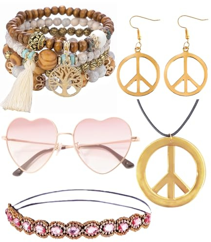 kasahara Hippie Accessoires 5 Stück Set, Hippie Kostüm Damen Kleidung, 60er 70er Jahre Bekleidung Abba Kostüm Accessoires Faschingskostüme Karneval Damen Boho Zubehör