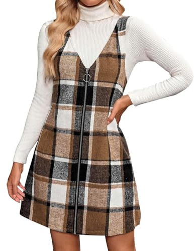 Latzkleid Damen Kariert Kurz Kleider Winter A Linie Reißverschluss Vorne Winterkleid Damen Elegant V Ausschnitt Overallkleid Winter Kleid Ärmellos Latzrock Kariertes Herbstkleid Damenkleider