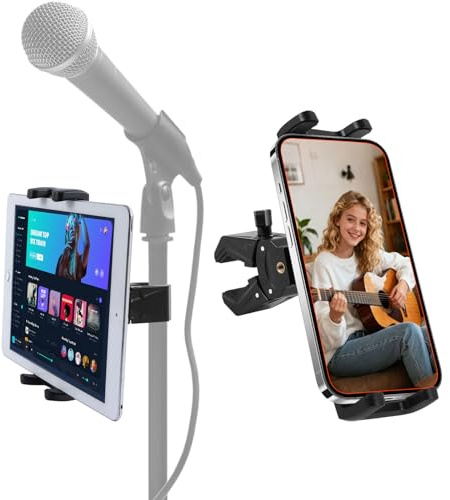 Spin Bike Tablet Holder Mount, iPad Phone Holder Stand Exercise Bike Handlebar Mount for Stationary Bicycle, Treadmill, Tripod, Microphone Stand Fit for iPad Pro, iPad, Galaxy Tabs, iPhone (4.7-12.9)