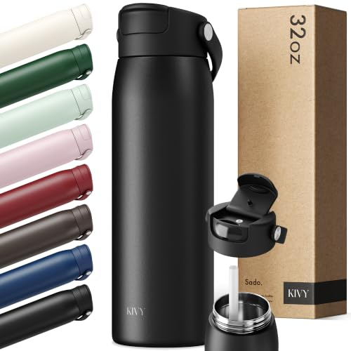 KIVY Botella de acero inoxidable de 1 l con pajita, termo de 1 litro, apta para lavavajillas, botella para gimnasio y fitness, botella térmica deportiva, botella de agua de acero inoxidable, aislada