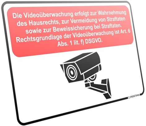 PRINTIMA Schild Videoüberwachung 100% DSGVO konform 32x21 cm – Sicherheits-Hinweis zur Kameraüberwachung – PVC mit Set zur einfachen Montage – wetterfest & langlebig