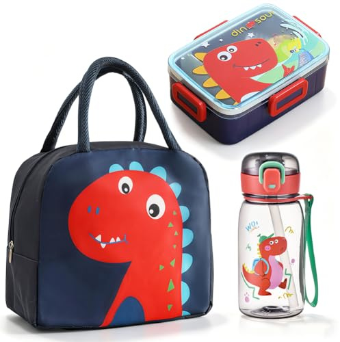 Dinosaurio Fiambrera Bento,600ml Bento Lunch Box con Compartimentos,Bolsa Térmica Aislada de Aluminio y Dinosaurio Botella de Agua 500ml con Pajita,Cubiertos Caja para Picnic Viajes Trabajo (rojo)
