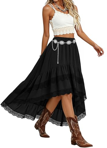 XZQTIVE Boho Festival Skirts for Women UK - Western Cowgirl Denim Midi Skirt with Lace Trim, High Waisted Asymmetrical Tiered Long Skirt, Gypsy Outfit for Concert & Music Festival
