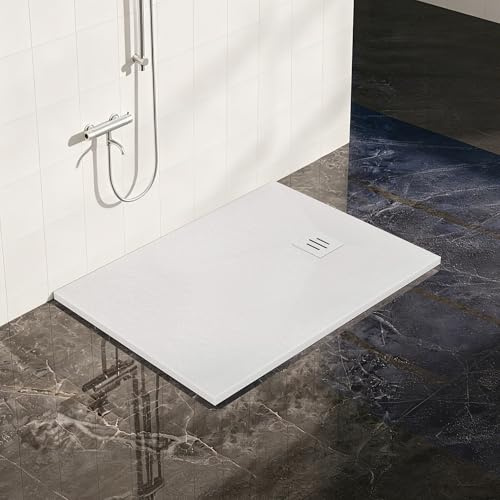 1200 x 900mm Rectangular SMC Shower Base Tray Anti Slip White | Slate Effect Surface with Slip Resistance, 32mm Height, for Walk-In Wetroom & Shower Enclosure, High Load 300kg Capacity