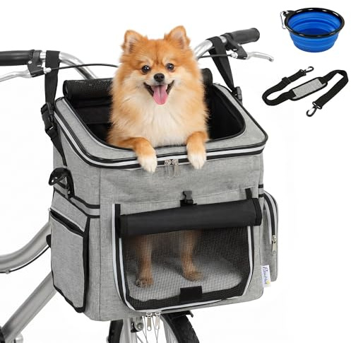 PawHut Cestino per Bicicletta Anteriore per Cani Gatti, Cestino per Bicicletta Anteriore Portatile con Guinzaglio di Sicurezza, Base Rigida Amovibile, Coperchio Staccabile, Cuscino Morbido, Finestre e