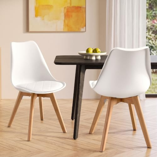 VASAGLE Gepolsterte Esszimmerstühle aus PU-Leder und Buchenholz, 2er Set | Küchenstühle, 46,5 x 57 x 79 cm, Cremeweiß und Holzfarbe, für Esszimmer und Büro, LENNA Kollektion KDC988WD01