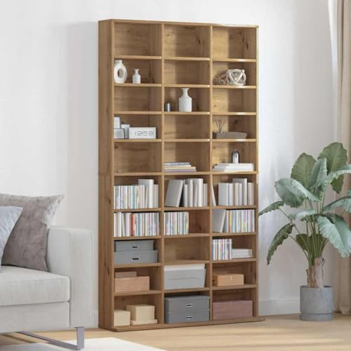 Runheo CD Regal Artisan-Eiche Holzwerkstoff 101 x 23 x 177,5 cm mit 30 Brettern, Stauraum für CD DVD Schallplatte, Wohnzimmer Schrank, vielseitiger Organizer für Heimkino und Büro