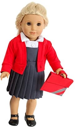 WINTER SCHOOL UNIFORM FOR 14-18INCH 35-45CM DOLLS FROM FRILLY LILY WHITE BLOUSE GREY PINAFORE REDCARDYRED BOOK BAGTo Fit Dolls Such as Our Generatiom .DOLL NOT INCLUDED