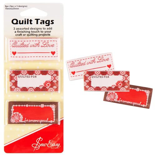 Sew Easy Quilt Tags – 9 Pcs 3 Designs Personalise Your Quilts, Sewing Labels, Created by, 70mm x 25mm, Quilted with Love