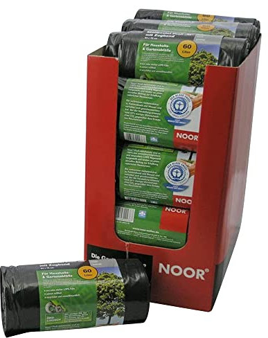 NOOR Müllsack Profi ‘M’ 60 L I Schwarze, recycelbare Müllsäcke mit Zugband für eine einfache Verwendung I Extra starke Haushalts- und Gartenabfallsäcke I 20er Rolle