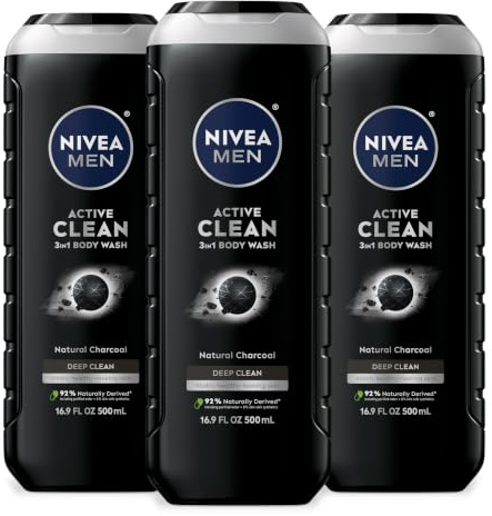 NIVEA MEN Real Madrid Limited Edition Design Active Clean Body Wash with Natural Charcoal for Normal to Oily Skin, 3-in-1 Charcoal Body Wash, Face and Hair, 16.9 Fl Oz Bottle, Pack of 3
