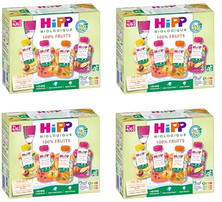 HiPP - 100% Fruits - 4 variétés dès 4/6 Mois - Gourdes - 8x90g - Lot de 4