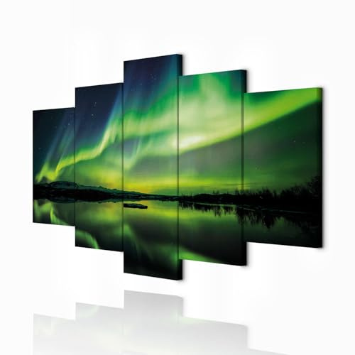 decomonkey Wandbilder Polarlicht 225x112.5 cm 5 Teilig Leinwandbilder grün | Bild auf Leinwand, Kunstdruck, Wanddeko, Wohnzimmer, Wanddekoration, Landschaft, Nordlicht, schwarz