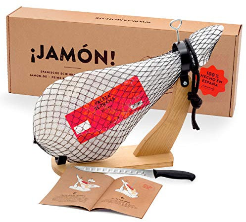 Jamon-Box Nr. 1 von jamon.de - Serrano Schinken 4,5 Kg im Geschenkkarton mit Zubehör | Schinken-Set inklusive Schinkenständer, Messer & Schneide-Anleitung | ideal als Geschenk