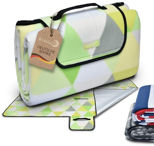 Beautissu XXL Picknickdecke Wasserdicht Isoliert Bella – Tragbare Stranddecke 200x200 cm kompakt – Strandmatte Outdoor Decke für Camping Wandern Reisen Schwimmbad – Picnic Blanket Campingdecke Grün
