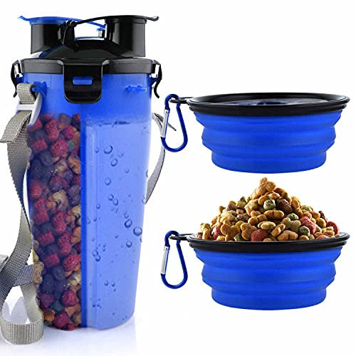 MATT SAGA Dog Water Bottle with 2 Foldable Bowls Portable 2 in 1 Water Bottle and Food for Dogs Cats Pets Travel Bottle for Walking, Exercise, Hiking, Camping (Blue)