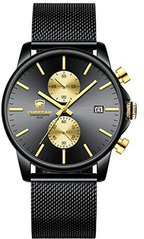 GOLDEN HOUR Orologio da uomo, alla moda, sportivo, analogico, al quarzo, in acciaio inox, impermeabile, cronografo, data automatica, lancette dorate, colore: oro e nero