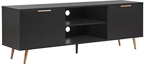 Meuble TV Noir et Doré avec 2 Compatiments à Portes et Étagère Banquette Télé Pratique pour Salon Moderne et Traditionnel Beliani
