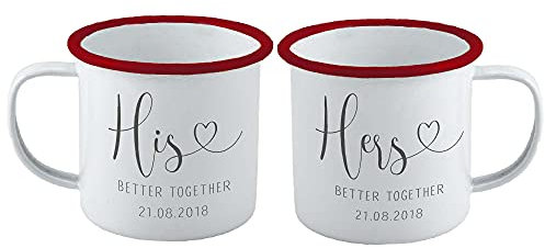 aztex Personalised His and Hers Mug Set of Two, Enamel (White Base, Yellow Trim)