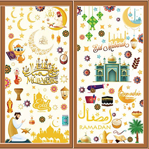 FullJoyHut Ramadan Eid Mubarak Dekorationen, Fensterbilder Eid Mubarak Selbstklebend Ramadan Sticker Fenster Deko Fenstersticker Stern Halbmond Fenster Aufkleber Fensterdeko für Kinderzimmer Kinder