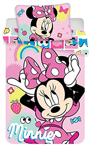 Baby Kinder Bettwäsche Set Minnie Maus, Bettdecke 100 x 135 cm + Kopfkissen 40 x 60 cm, 100% Baumwolle, rosa bunt