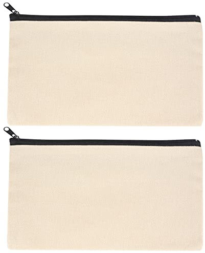 2 Pcs Canvas Makeup Bags, Canvas Pencil Pouch Bags with Zipper, Blank DIY Craft Make Up Cosmetic Pouches Bags Cases for Travel Craft School Toiletry Bags Pouches - White