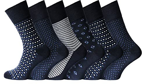 Diabetic Socks Mens 6 Pairs – Mens Cotton Socks Gentle Grip Non Elastic Sock for swollen feet | Smooth Toe Seem | Non Elastic Cuff | 6-11 one size UK (Navy Patterned 6 Pairs)