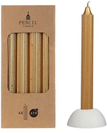NaDeco Pencil-Kerzen, gerippt, im Set mit 4 Stück, Höhe 20cm, in vielen Farben erhältlich | Stabkerzen | Spitzkerze | Durchgefärbte Kerzen | Taper Candle | Vintage Kerzen, Farbe:Gold
