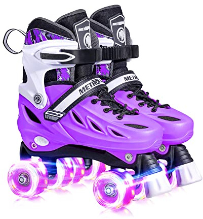 METROLLER Roller Skates for Girls Ages 5-8 8-12 and Boys Teens, Adjustable 4 Sizes for Kids Toddler Rollerskates with Light up Wheels, for Women (Purple, Large-Youth & Adult (4-7 Men/5-8 Women))
