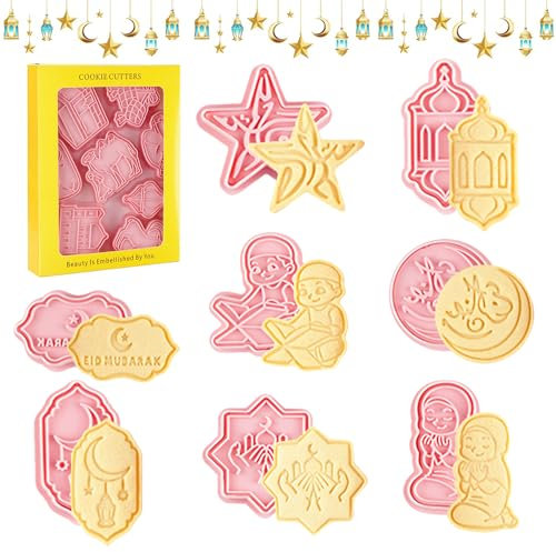 8 Stück Eid Mubarak Ausstecher, Eid Mubarak Ausstechformen, Ausstechformen Set Eid Mubarak, Slamische Muslimische Keksform, Stempelformen, 3D Ramadan für Keksprägung, Fondant, Backwerkzeug