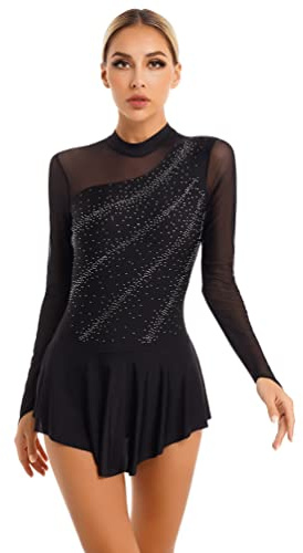 dPois Vestido de Patinaje Artístico Mujer Maillot de Patinaje Manga Larga de Malla Transparente Leotardo con Falda Gimnasia Body de Danza Espalda Abierto