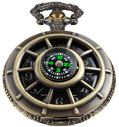 Tiong Bronze Men's Hollow-Out Compass Quartz Pocket Watch, Rudder Hollow Arabic Digital Dial Quartz Pocket Watches with Chain for Men