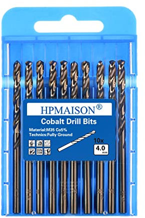 HPMAISON True 5% Cobalt Jobber Drill Bit Set, 10Pcs 4mm M35 High Speed Steel Twist Drill Bits, 135° Split Point Extremely Heat Resistant for Stainless Steel, Cast Iron, Hard Metal, Plastic, Wood
