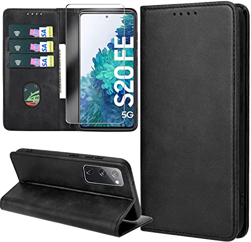 ZYIMOU Handyhülle für Samsung Galaxy S20 FE / S20 FE 5G Hülle mit Schutzfolie, Leder Schutzhülle Standfunktion Kartenfach Wallet Klapphülle Samsung Galaxy S20 FE / S20 FE 5G Flip Case Cover, Schwarz