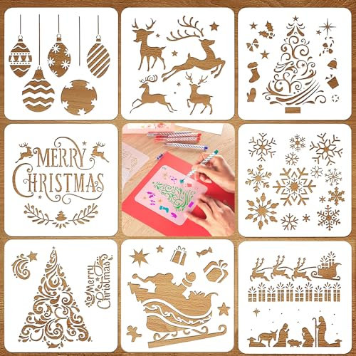 Weihnachten Schablonen, ZoneYan 8 Stück Kunststoff Zeichenschablonen Malschablonen, Wiederverwendbar Stencil Schablonen, Weihnachtsbaum Weihnachtsmann Schneeflocke Elch Vorlage für DIY Dekoration