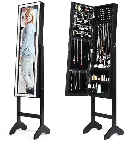 HOMASIS Joyero con espejo de cuerpo entero y estante de escalera, joyero de madera con marco de diamante, armario con espejo de pie con ángulo ajustable para collares, anillos y pendientes (Negro)