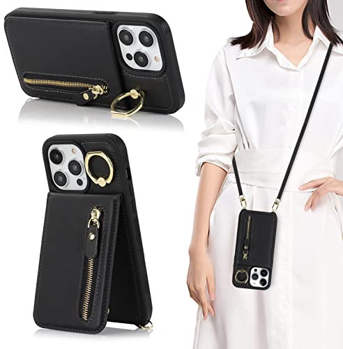 CAVOR Handykette Handyhülle iPhone 13 Pro Hülle Mit Band,Flip Leder Geldborse Handyhülle,[4 Kartenfach][Mit Ring Stander][Schnalle],Handytasche zum Umhängeband für iPhone 13 Pro - Schwarz