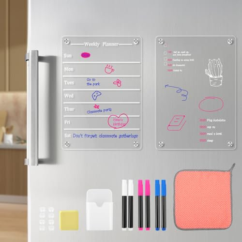 Magnetic Acrylic Calendar for Fridge, 2 Pack Acrylic Magnetic Fridge Weekly Planner Set, 13 x 9 Clear Magnetic Dry Erase Board for Menu, Meal, Memo with 6 Markers & Pen Holder, Cleaning Towel