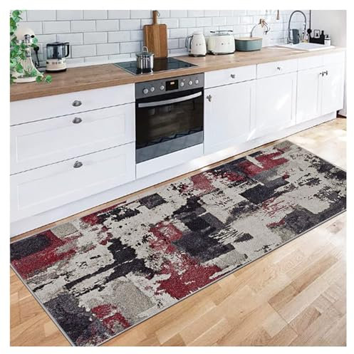 Siunwdiy Teppich Läufer Flur 60X150CM - Modern Teppichläufer grau schwarz rot Abstrakt Muster – Kurzflor, Weich - für Vorzimmer Eingangsbereich Schlafzimmer Küche Wohnzimmer Korridor