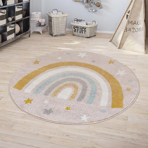 Jimri Kinderteppich DOTS l Pünktchen Gepunktet l Öko-Tex Siegel | Farbe: Beige Blau Rosa | Kinderzimmer/Jugendzimmer (Pink, Ø 150 cm Rund)