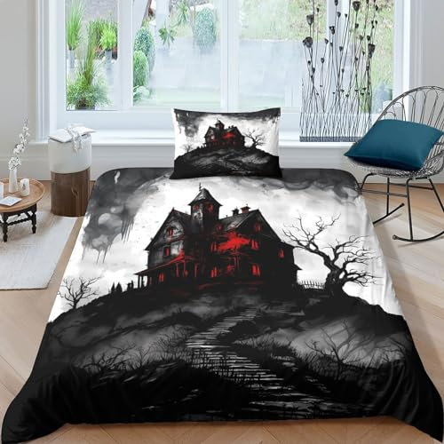 Horror Art 3D Print Bettwäsche Cool and Unreal Dark Style Bettbezug Kissenbezug Mit Reißverschluss Schließung 2 teilig Weiche Angenehme Mikrofaser for Teens Children Boys Girls Single(135x200cm)
