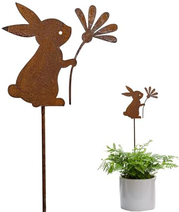 FZQBEY Osterhasen Gartenstecker Ostern Rost Deko Gartendeko für Draußen, Rost Osterhasen Figuren Blumenstecker für Ostern Deko Rostdeko Gartendeko, Hasen Roststecker Bauernhof Frühling Deko (D)