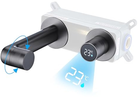 Robinet de Lavabo Rotation à 360°, Gris Pistolet Robinet de Salle de Bain avec Affichage Numérique LED Mitigeur Lavabo Monocommande Chaude et Froide Robinet Salle de Bain avec Boîtier Intégré