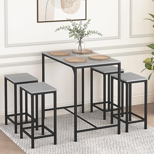 anrekl Esstisch und Stuhlset, Bartisch mit 4 Stühlen, Küche Wohnzimmertheke, Bartheke, Stahlgestell, Industriedesign, Bartisch 100x60x90CM, Barstuhl 30x40x65CM, Zementgrau