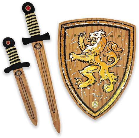 Liontouch - WoodyLion Set für Jungen & Mädchen – 3-8 Jahren | Holzähnliches Spielzeug-Schwert, Schild & Dolch aus Schaumstoff für Rollenspiele | Sicheres Zubehör mit Edelsteinen für Verkleidungen