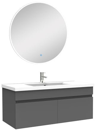 AICA Ensemble Meubles Salle de Bain Simple Vasque 100cm + Miroir Rond Lumineux Anthracite