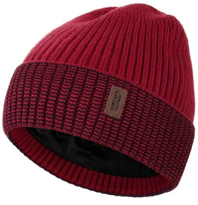 Wmcaps Mütze Herren Winter, Thermo Strickmützen für Herren, Warme Fleece Laufmütze Beanie Damen Herrenmütze Winter, Winddichte Wintermütze Männer Gefütterte und Gepolsterte Unisex-Mütze(Rot+Schwarz)